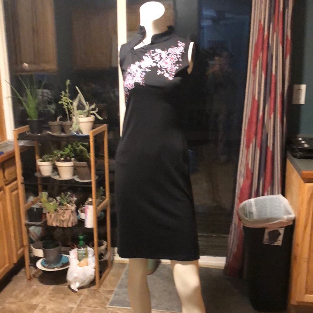 Elegant Black Dress with Pink Floral sequin design